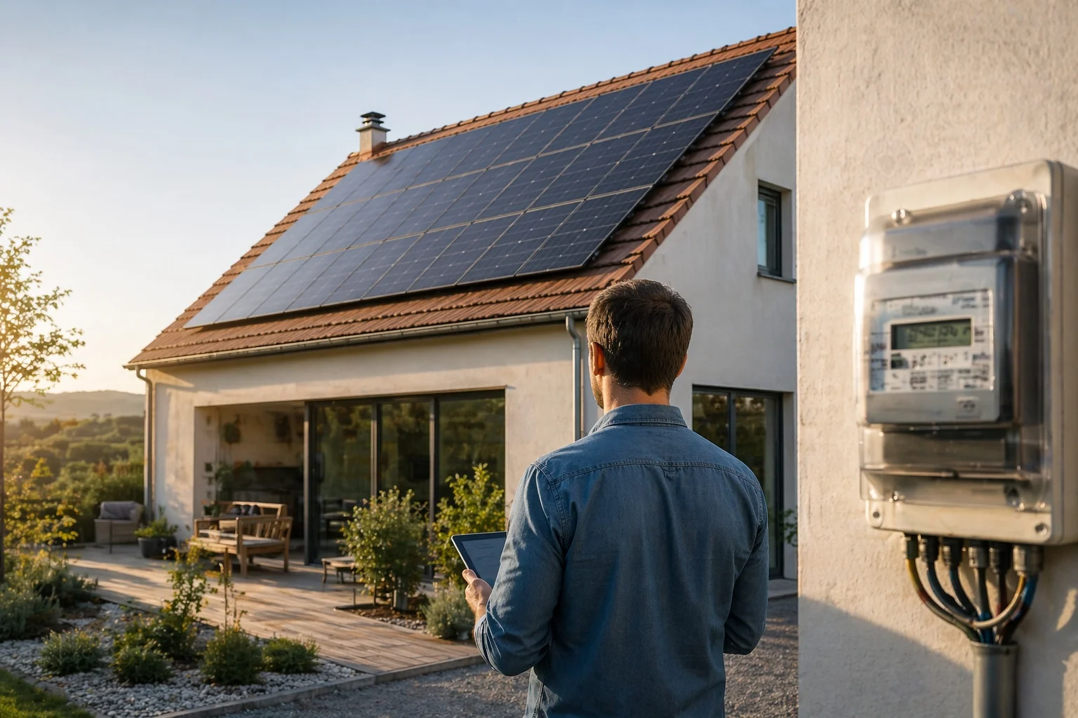 Maison équipée de panneaux photovoltaïques avec suivi de production