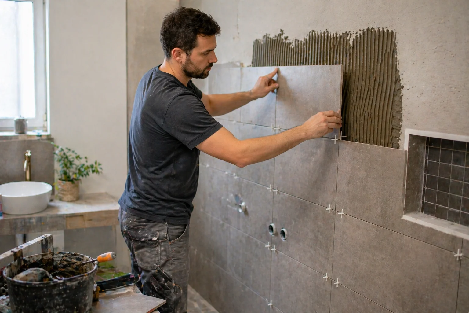 Un artisan pose de grands carreaux sur un mur préparé