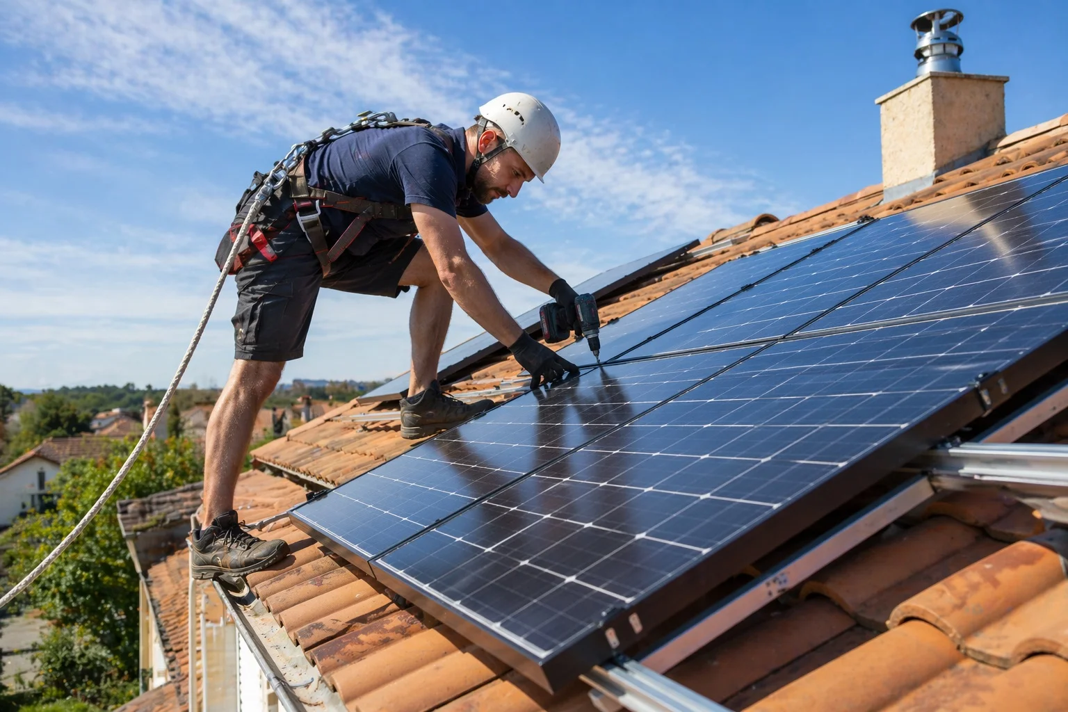Installateur fixant des panneaux solaires sur une toiture
