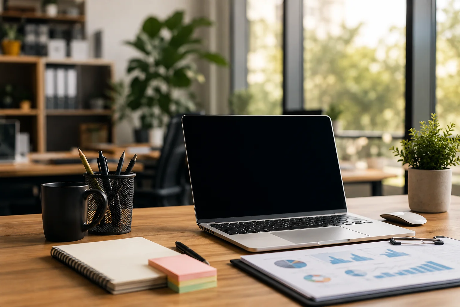 Un poste de travail d’agence avec ordinateur éteint et documents génériques