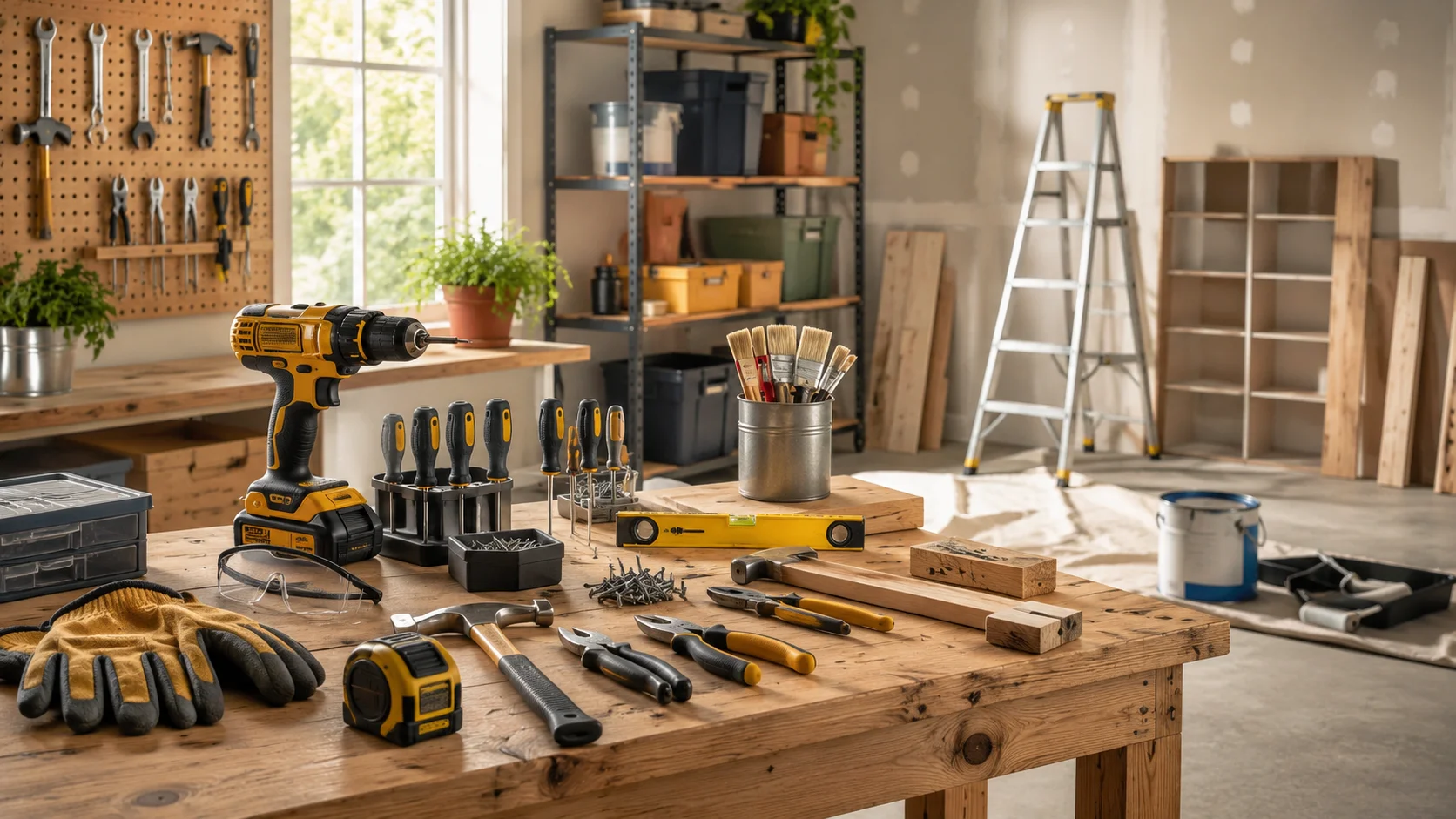 Un établi de bricolage rangé avec outils, gants, échelle et pots