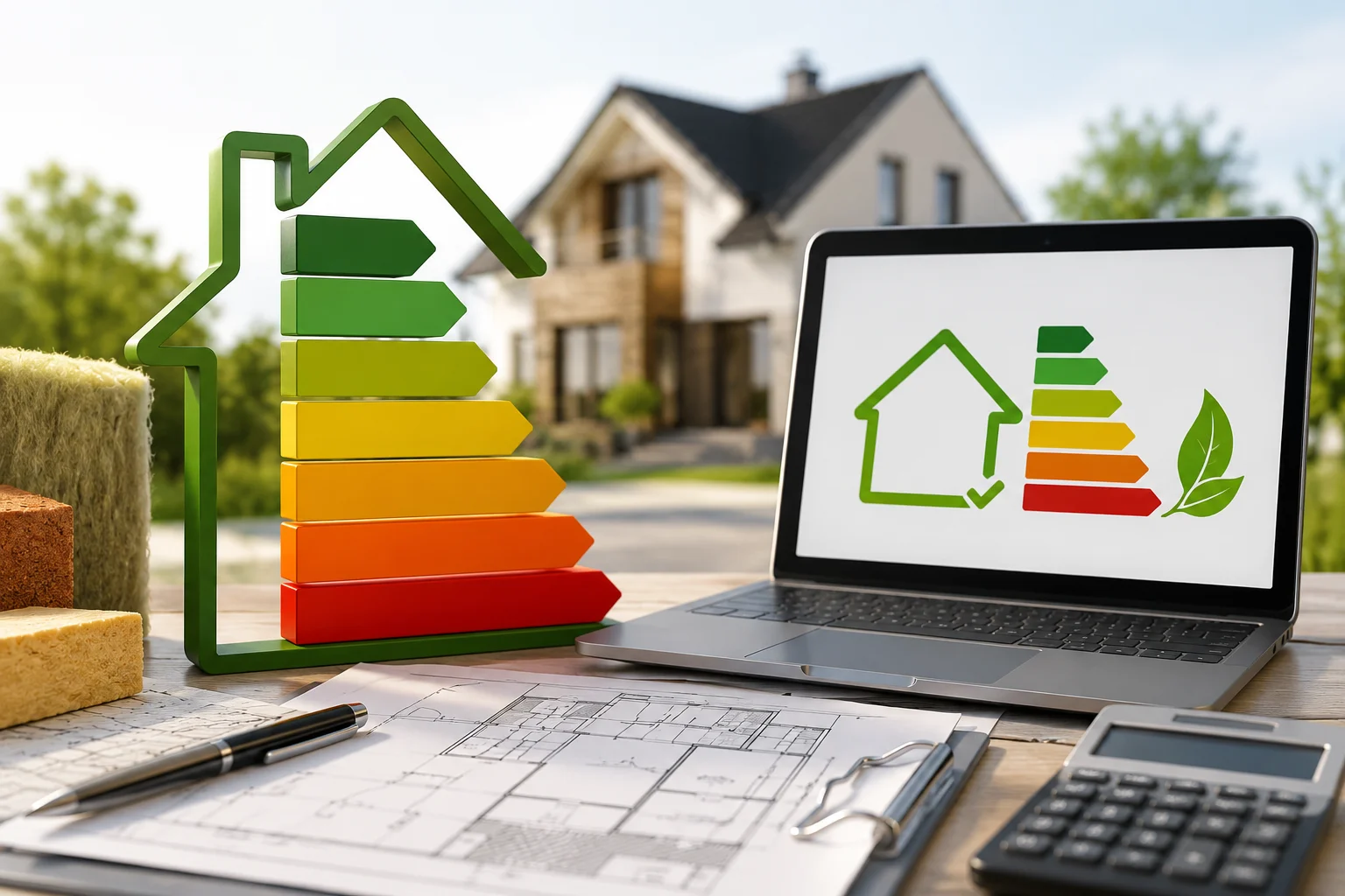 Étiquette énergétique et ordinateur devant une maison