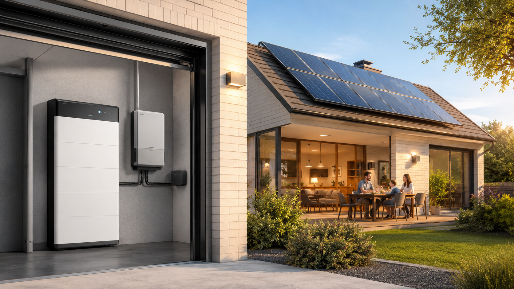 Maison équipée de panneaux solaires, d’un onduleur et d’une batterie