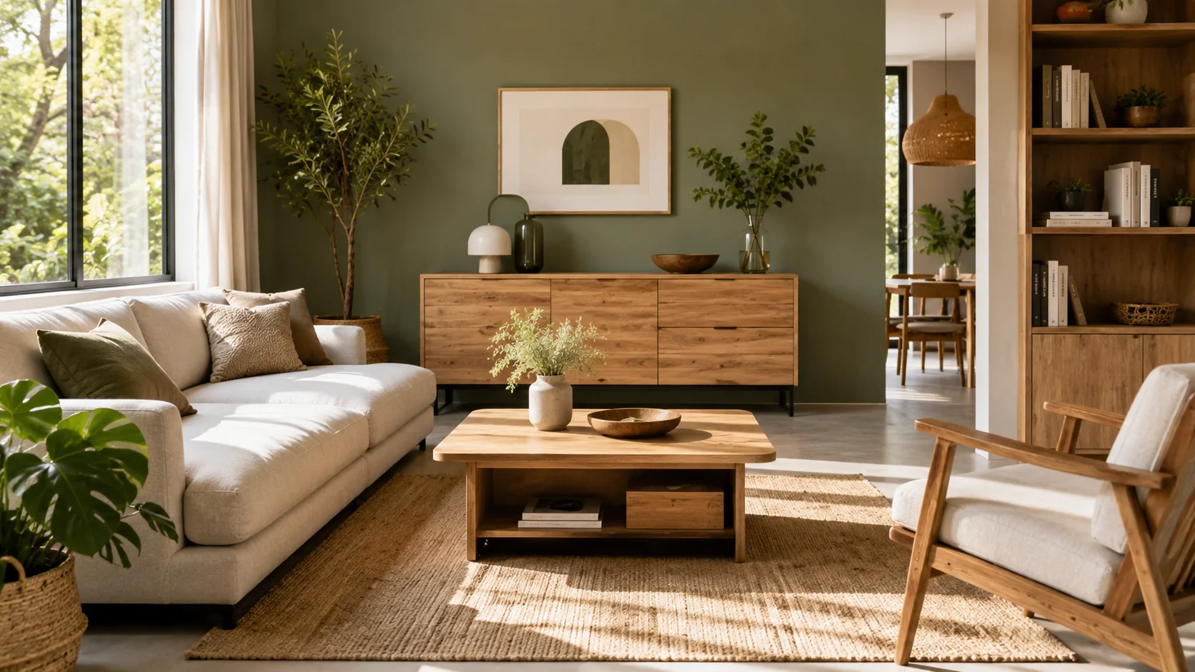 Un salon contemporain avec canapé clair, bois et plantes