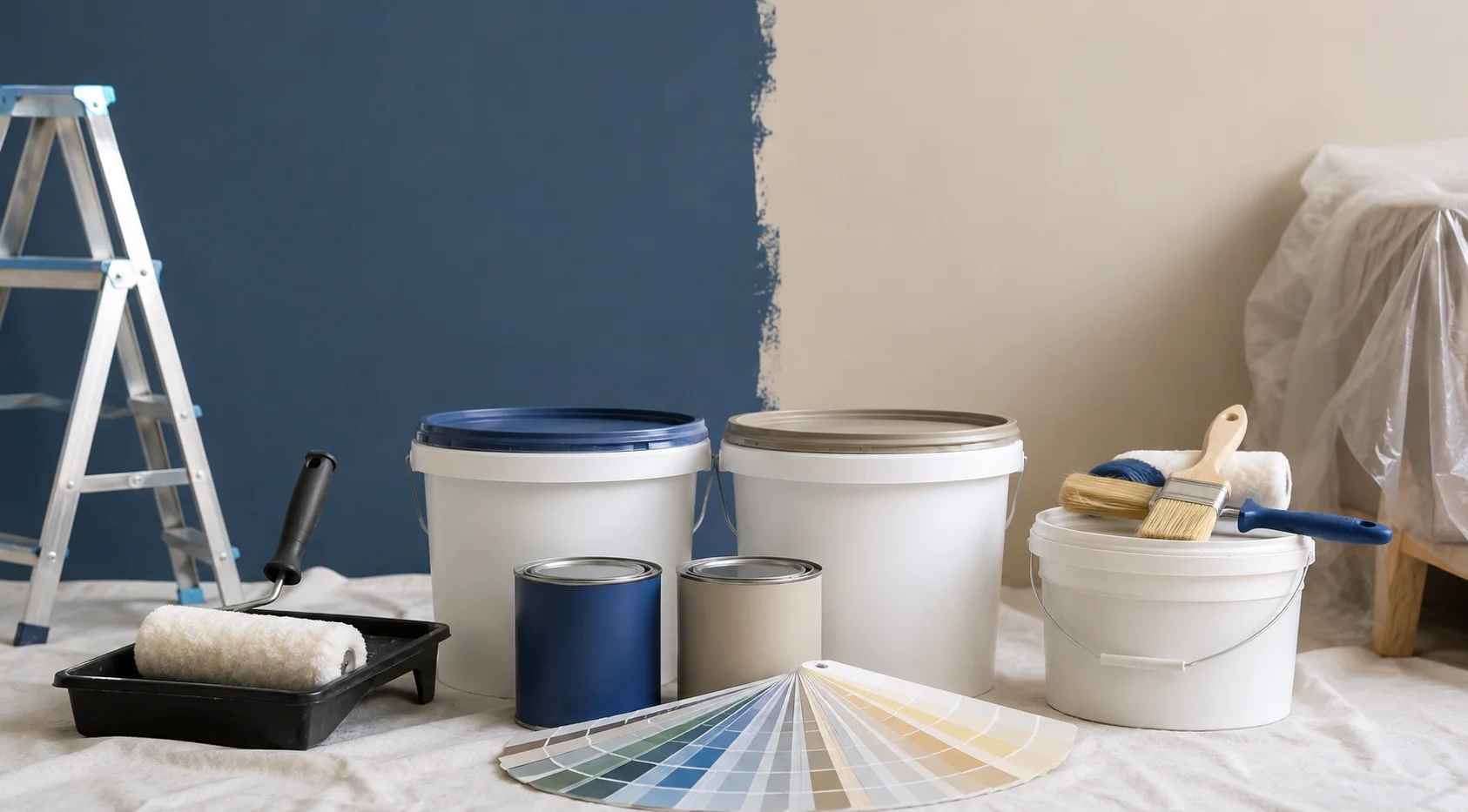 Des pots de peinture génériques, un rouleau, une échelle et un nuancier