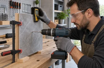 Un artisan équipé contrôle un carreau calé avant de le percer