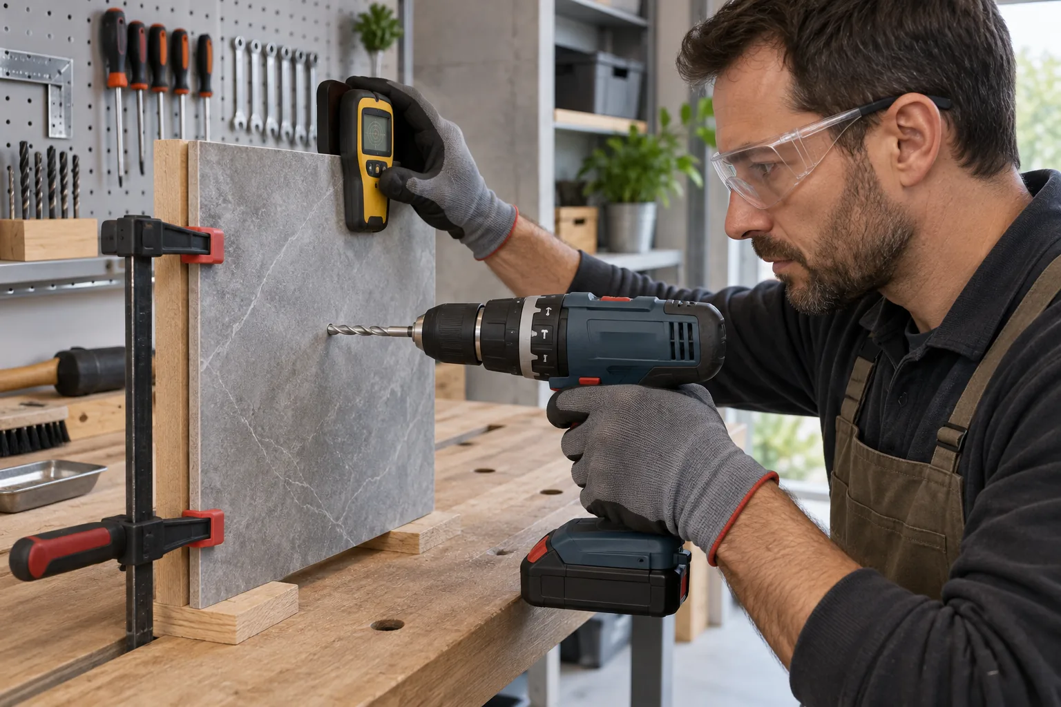 Un artisan équipé contrôle un carreau calé avant de le percer