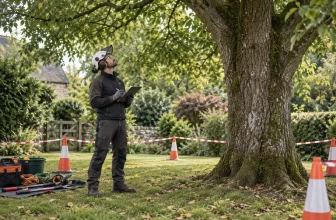 Un arboriste équipé inspecte un arbre au sol dans une zone balisée