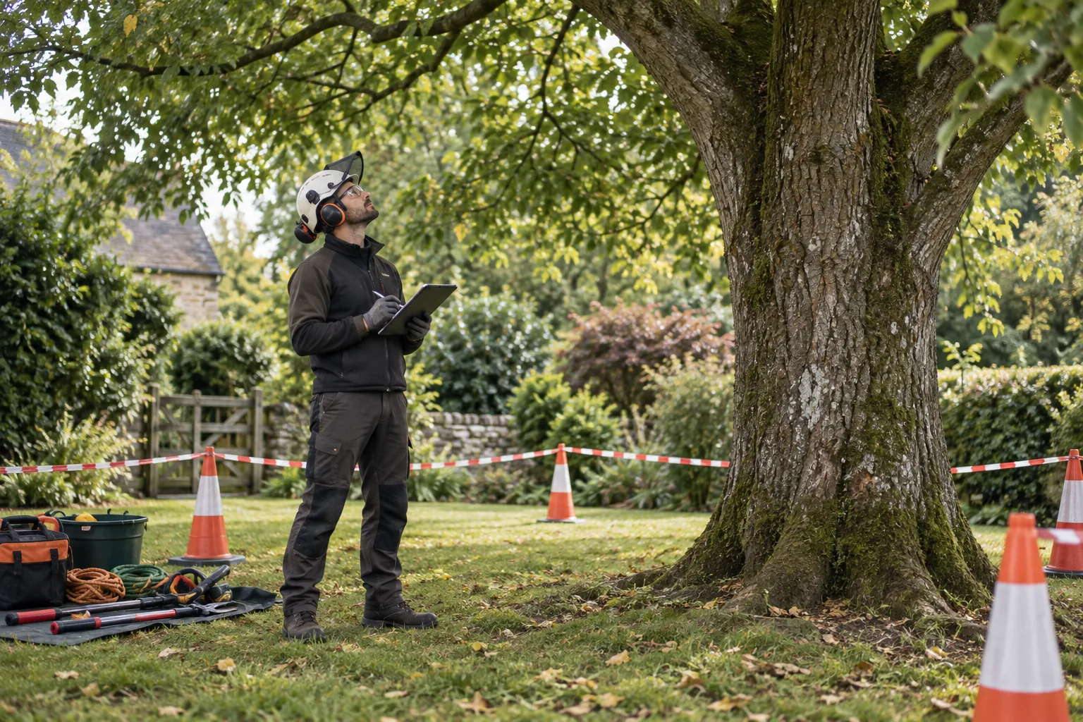 Un arboriste équipé inspecte un arbre au sol dans une zone balisée