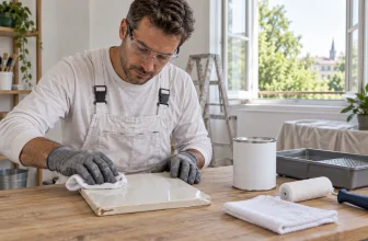 Un peintre ganté nettoie un échantillon de surface dans une pièce ventilée