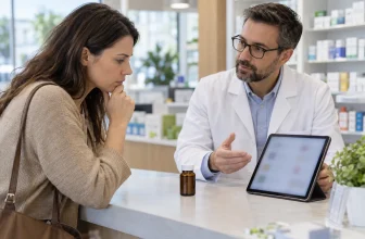 Une cliente échange avec un pharmacien devant un flacon fermé et des avis floutés