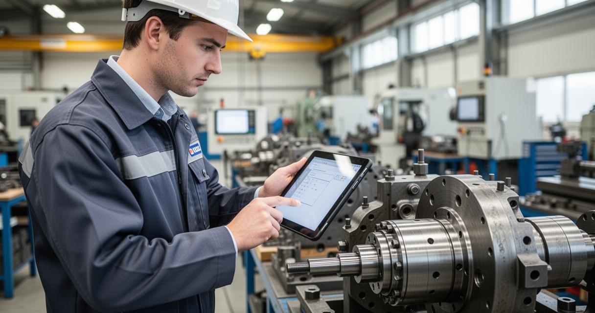 Technicien contrôlant une pièce industrielle avec une tablette