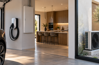 Maison équipée d’une borne de recharge, d’un tableau électrique fermé et d’une pompe à chaleur